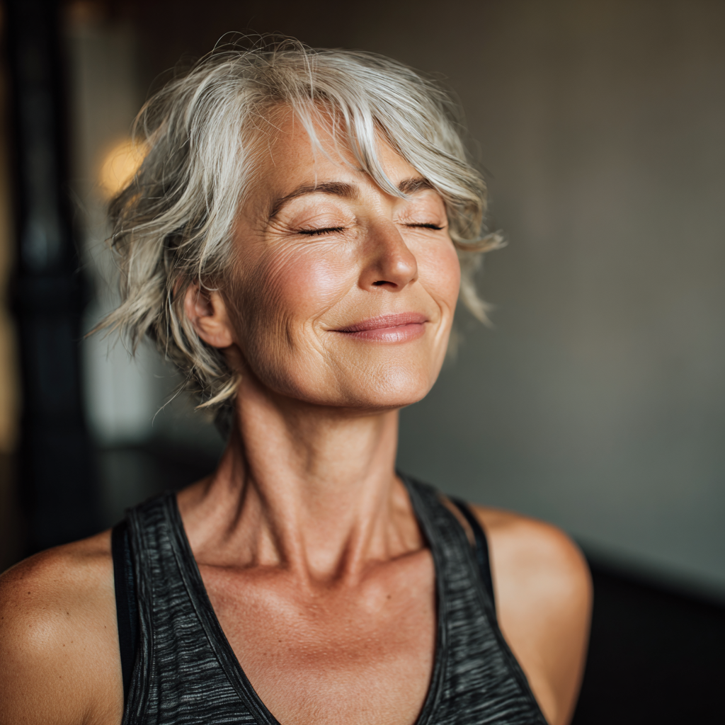 middle-aged woman smiling peacefully after yoga session in comfortable studio environment