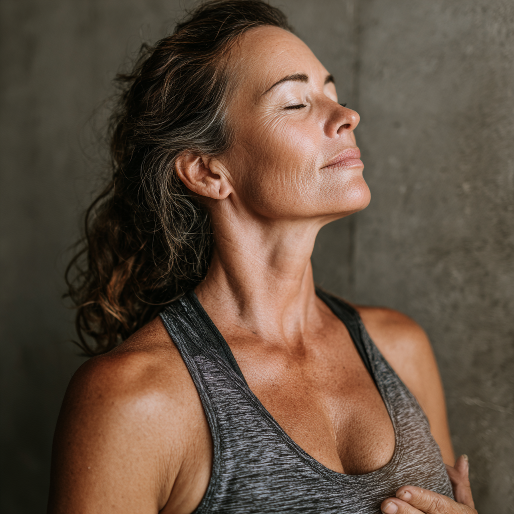 experienced middle-aged yoga instructor demonstrating mindful breathing technique