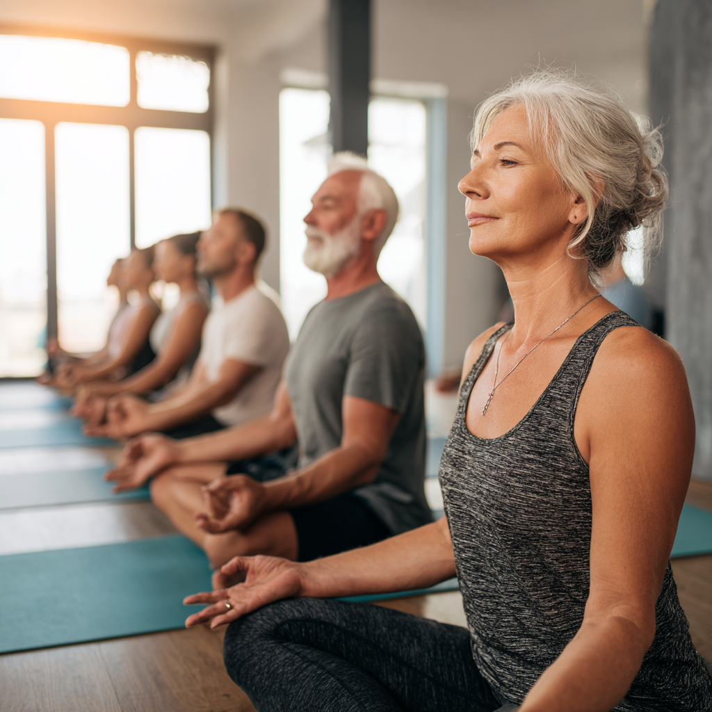 group of mature adults practicing yoga in serene studio setting with natural lighting