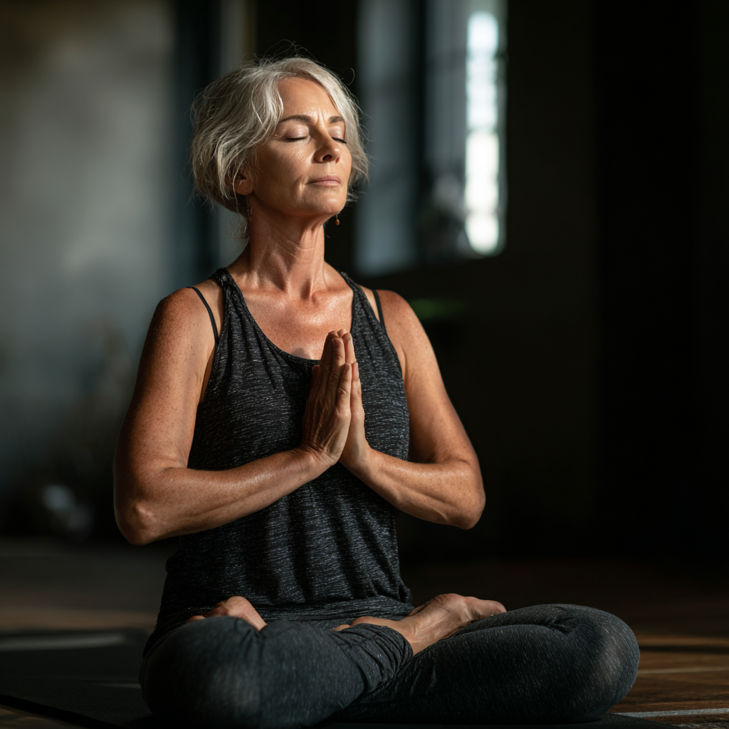 mature woman practicing gentle yoga poses in peaceful studio environment